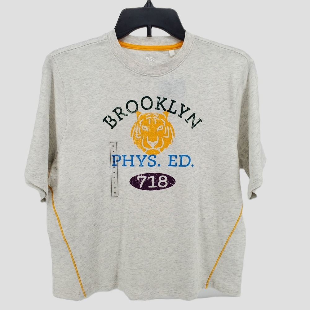 DSG Girls Medium Graphic T Shirt Brooklyn Phys Ed Tiger Print Light Heather Grey